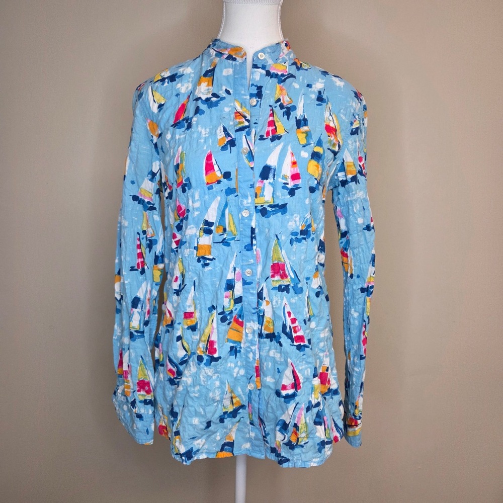 J.McLaughlin Womens XS Sailboat Print Mandarin Collar Button Down Shirt‎ Blue